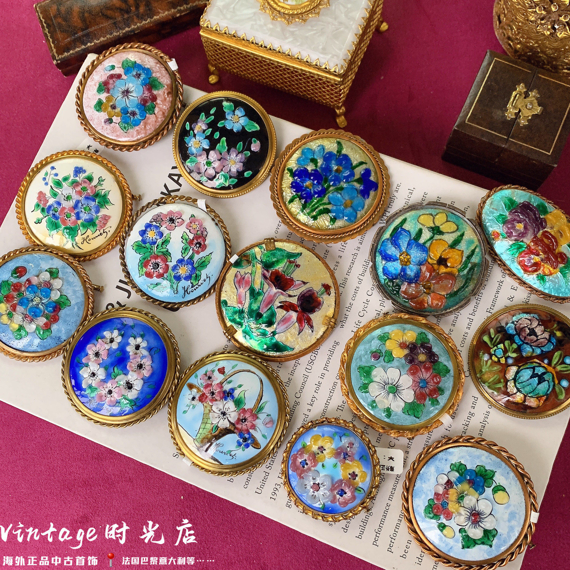 Vintage 法国Limoges利摩日琉璃珐琅釉铜底胸针古董花卉琉璃胸针