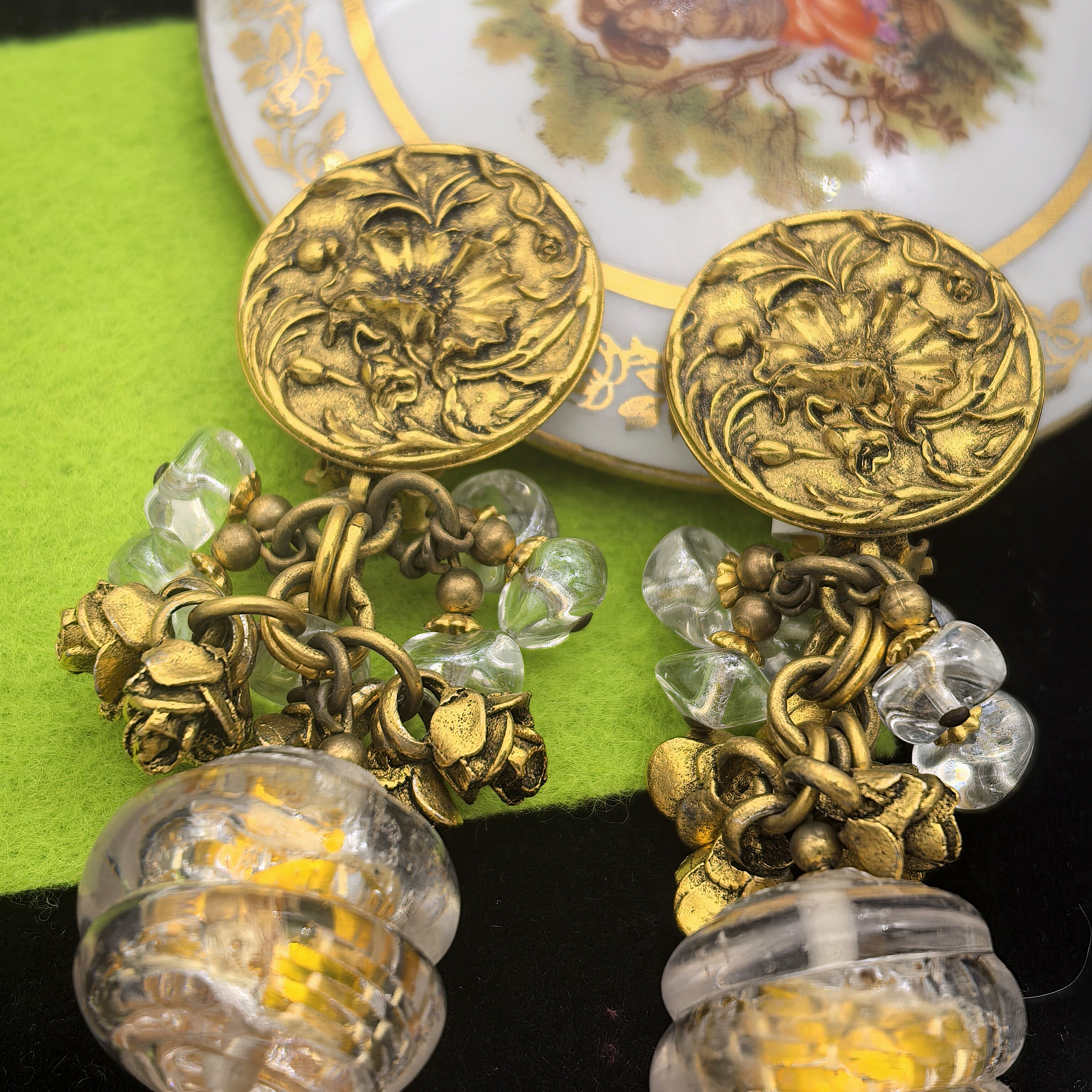 Vintage/中古/法国浮雕重工琉璃+果冻耳夹重工玫瑰花金属LA1674