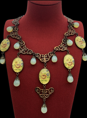 中古法国产Vintage琉璃项链果冻玫瑰花老琉璃珠子古铜色项链D15