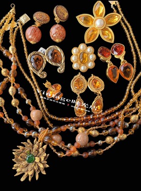 Vintage美拉德色系中古饰品重工琉璃项链耳夹琉璃胸针大冰糖耳饰