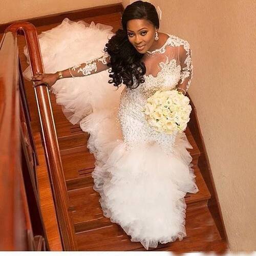 Long Sleeves African Wedding Dress Lace Bridal Gown Mermaid