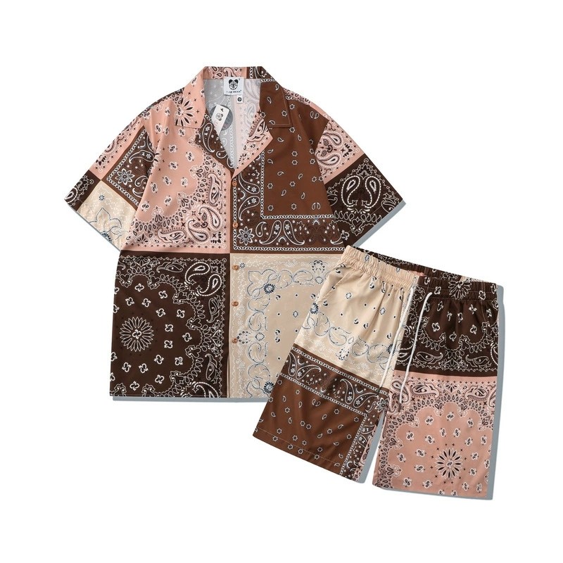 Summer Beach Loose Shirt Set Printed Checked Cashew Shorts