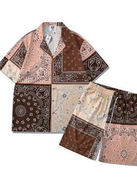 Summer Beach Loose Shirt Set Printed Checked Cashew Shorts