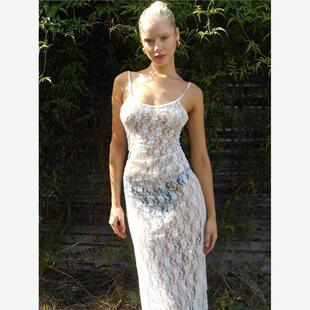 Mesh Lace Dresses Y2k Tie Up Hollow Out Backless Long Dress