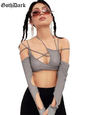 Sexy Techwear Punk Women Halter Tops Gothic Crop Top露脐露背