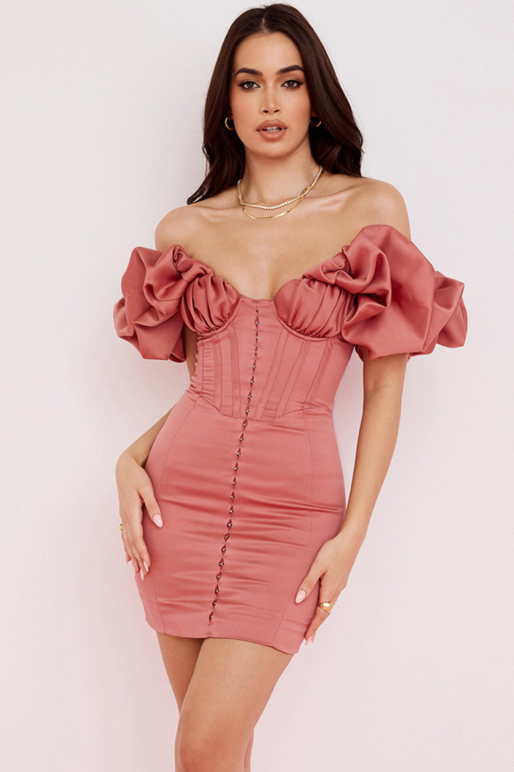 Pink dress粉色性感一字肩荷叶边包臀连衣裙年会派对sexy小礼服女