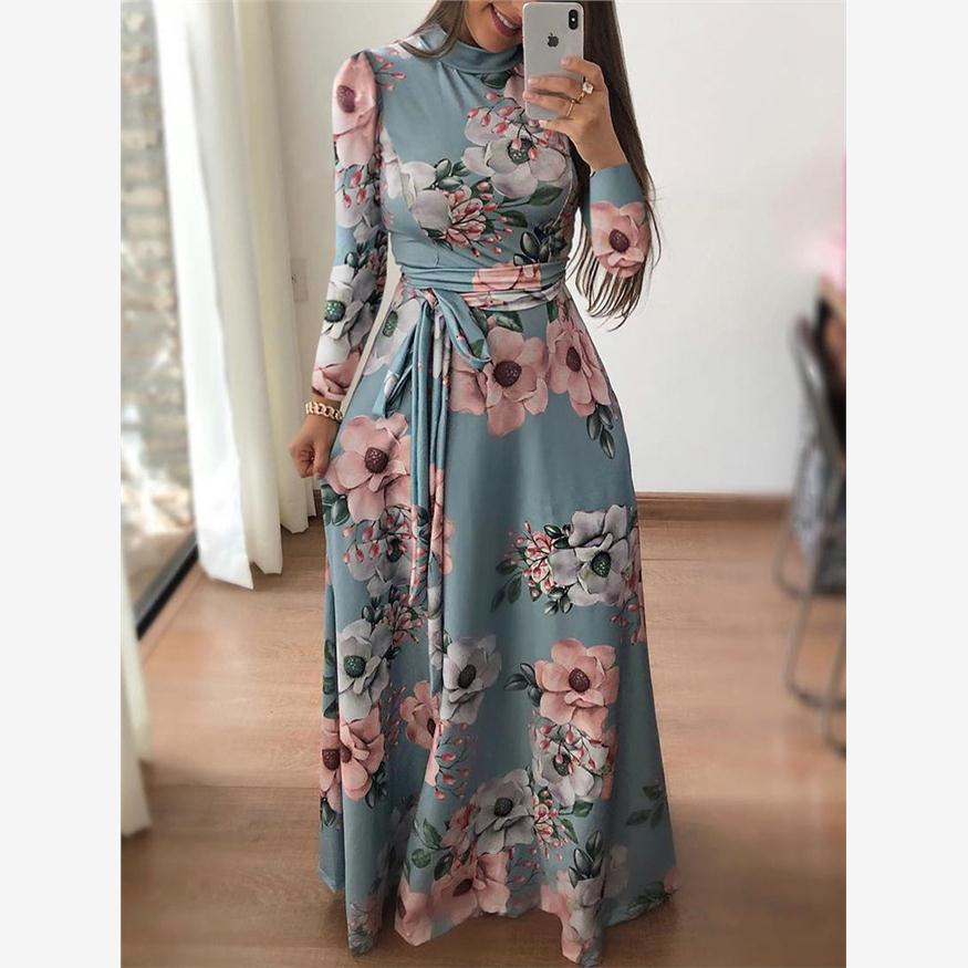 亚马逊ebay秋冬季欧美风街头圆领休闲印花绑带长裙连衣裙女装长袖