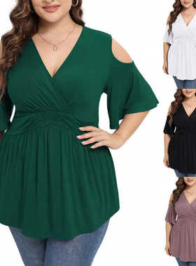 Plus size Women Summer T-shirt V-neck top 大码T恤V领上衣5XL