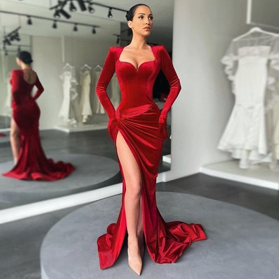 Long Sleeve Evening Velvet Dress Floor Length Maxi Dresses
