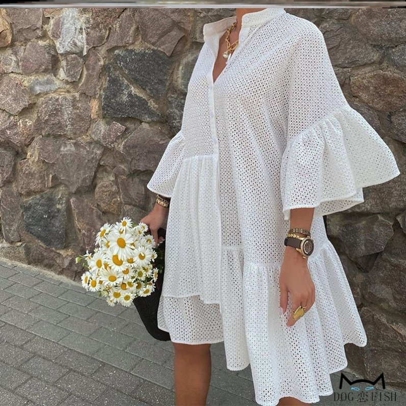 单排扣七分袖不规则镂空连衣裙宽松休闲风中裙Button dress women