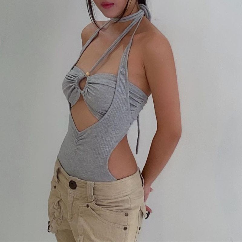 Women Lace Up Halter Sexy Grey Bodysuits 2 Piece Set Hollow