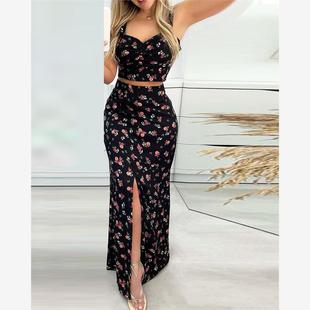 set歐美女碎花上衣開叉長裙套裝 printed skirt split blouse and
