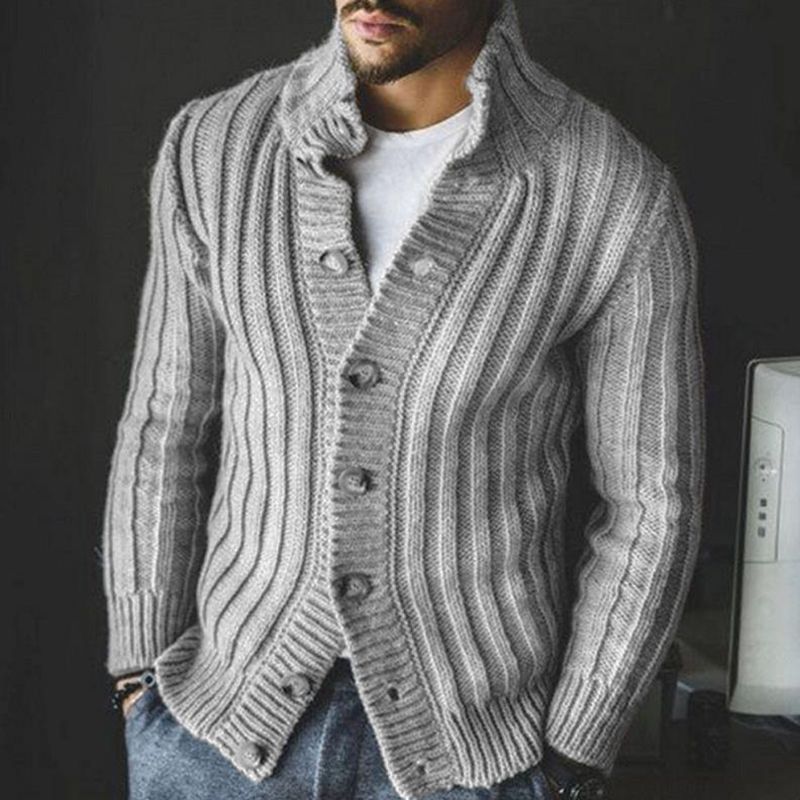 欧美秋季男士休闲单排扣针织毛衫翻领长袖毛衣外套潮Men knitwear