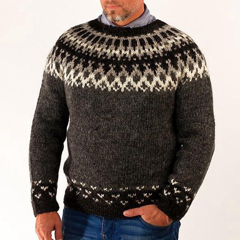 外贸男装2022秋冬新款套头针织衫圆领长袖提花毛衣Men's knit