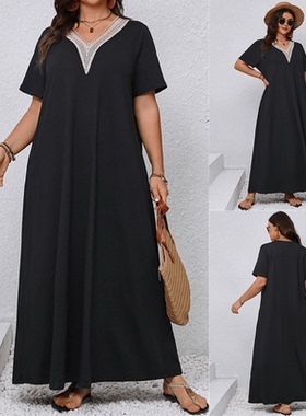 Plus size summer women dresses V-neck loose black lady dress