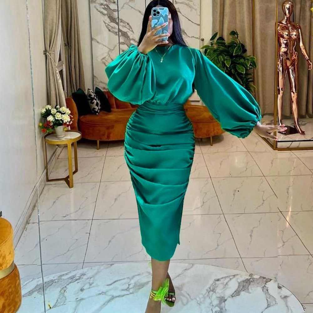 欧美大码灯笼袖褶皱设计宴会礼服连衣裙Pleated Party Dress Wome