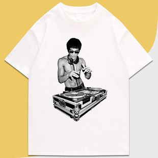 李小龙打碟趣味圆领休闲印花流行设计师青春美式创意短袖T恤潮DJ