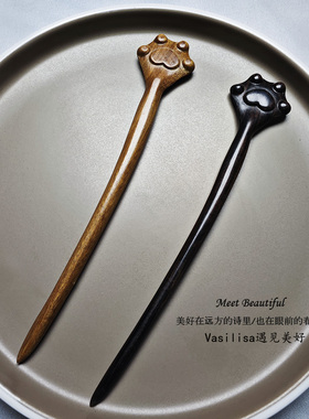 发簪檀木猫爪步摇木簪子女日常头饰盘发汉服配饰古装发钗挽发短款