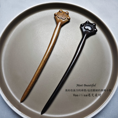 发簪檀木猫爪步摇木簪子女日常头饰盘发汉服配饰古装发钗挽发短款