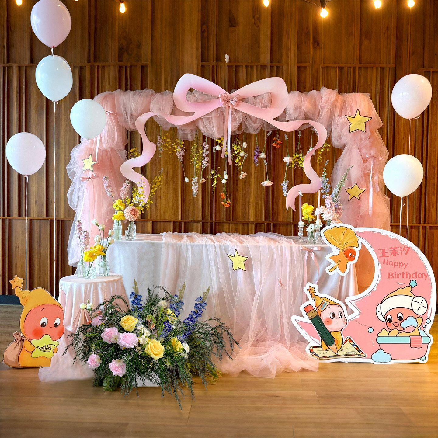 女宝宝周岁生日布置装饰kt板星星人家庭版简约韩系仿真花全套背景