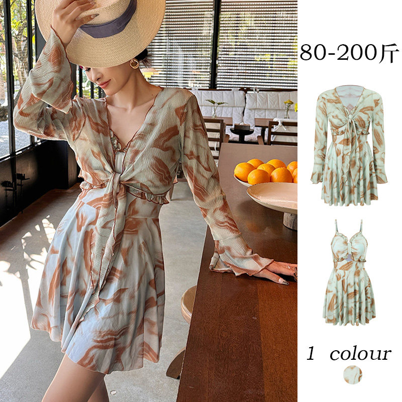 新款泳衣女微胖大码连体裙式遮肚显瘦带罩衫长袖防晒扎染绑带ins