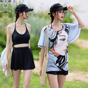 绝美泳衣女分体三件套罩衫 新款 高颜值斜肩微胖保守遮肉显瘦泡温泉
