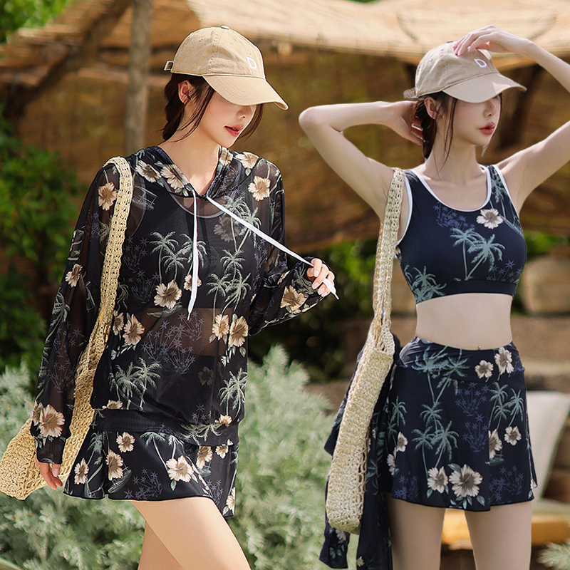 泳衣女分体三件套罩衫连帽长袖防晒裙式小个子高级感保守遮肉显瘦
