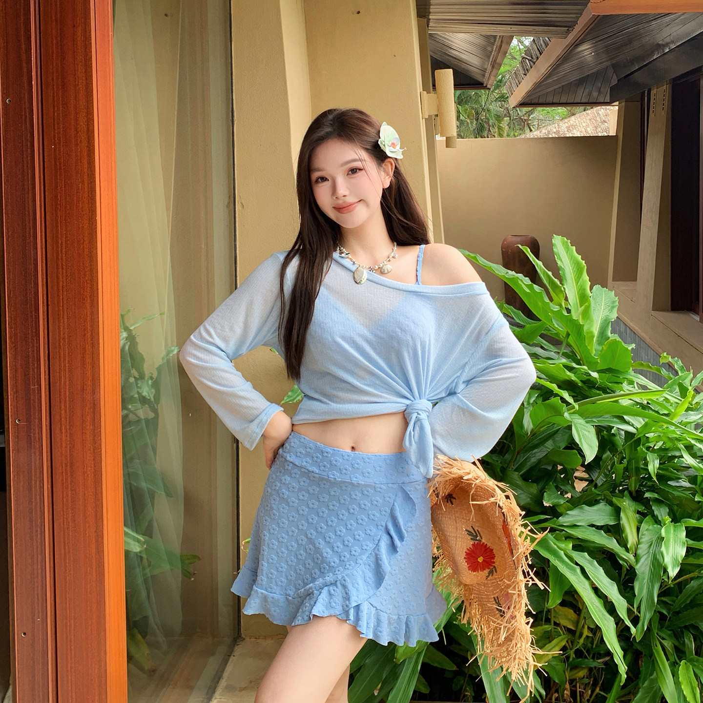 新款蓝色微胖大码泳衣女三件套长袖罩衫纯欲高颜值斜肩显瘦泡温泉