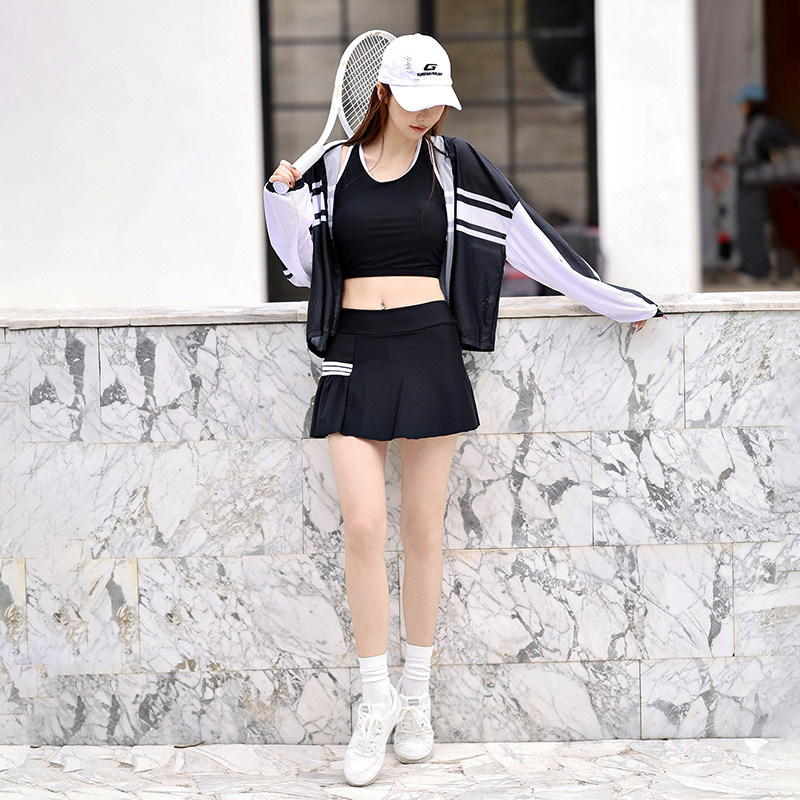 运动休闲大码泳衣女分体裤裙三件套长袖罩衫宽松撞色高端温泉海边