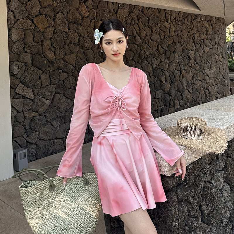 新款韩版微胖大码泳衣女胖mm连体裙式带罩衫绑带高级感泡温泉度假