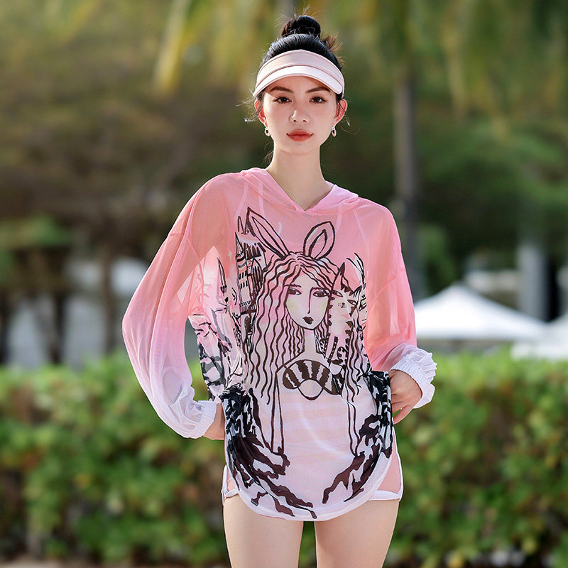 微胖泳衣女分体三件套平角罩衫防晒显瘦小胸聚拢宽松温泉沙滩泳装