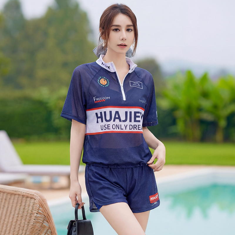 韩国立领拉链大码泳衣女三件套小个子潮酷抽绳显瘦遮肚泡温泉海边