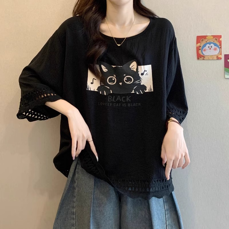正肩短袖t恤女2025新款夏季薄款宽松休闲黑色洋气大码半袖上衣女