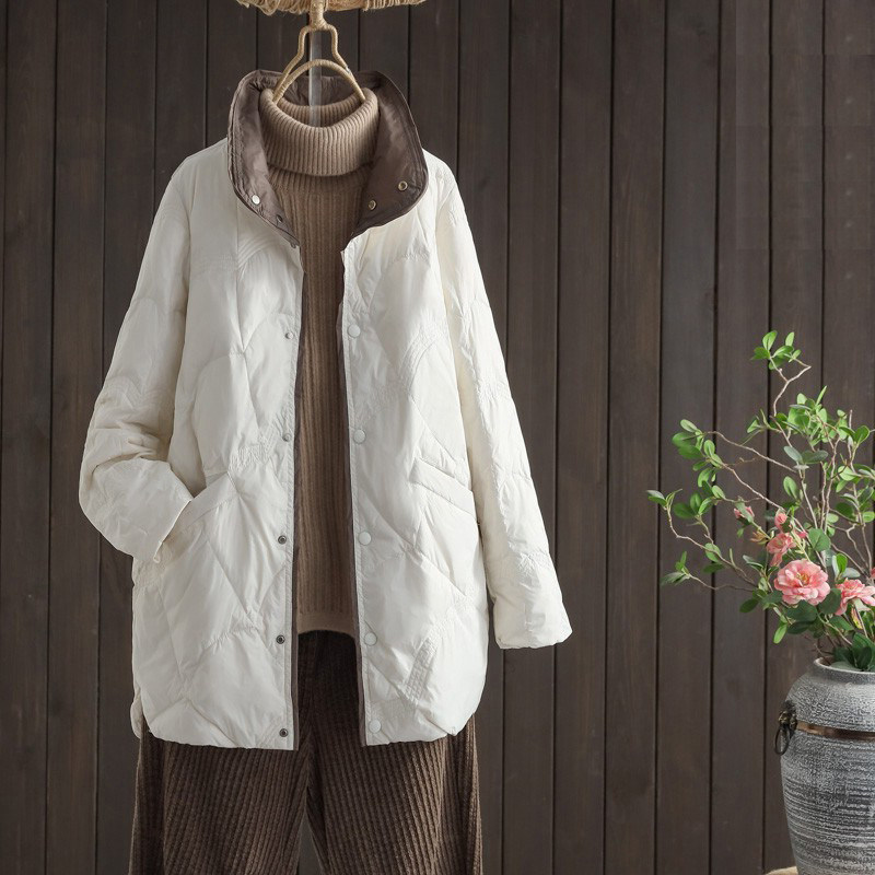 羽绒服女冬季2025年新款中长款轻薄白鸭绒宽松气质立领棉服外套潮