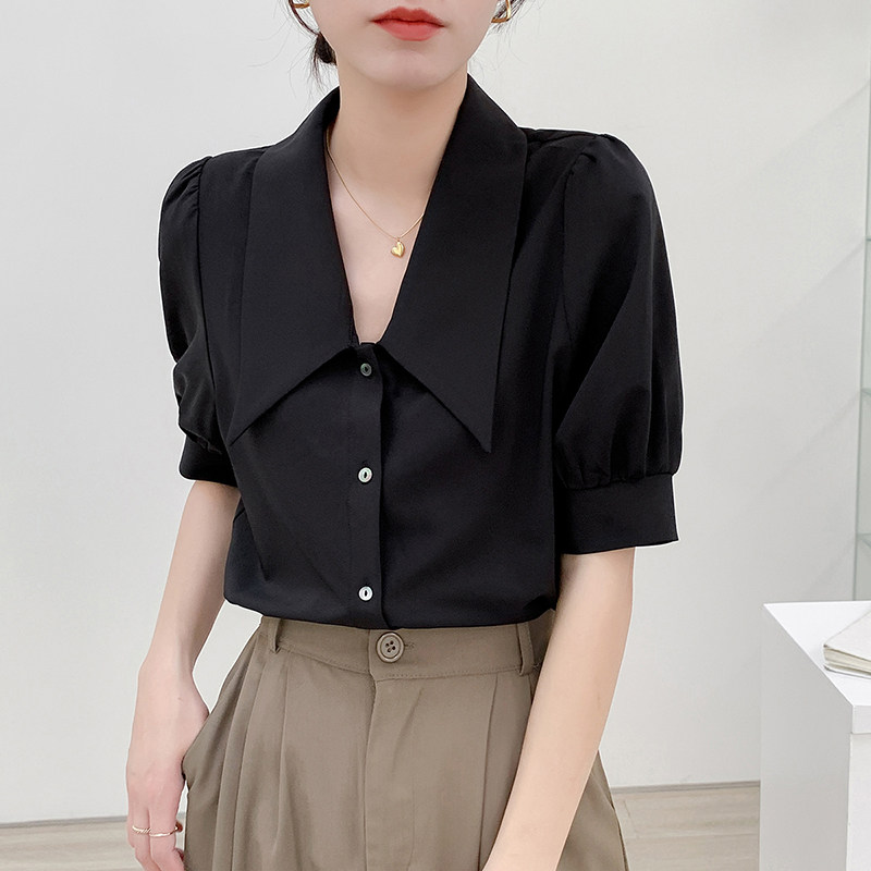 衬衫女夏款短袖法式高级感上衣新款2025气质宽松复古泡泡袖衬衣女