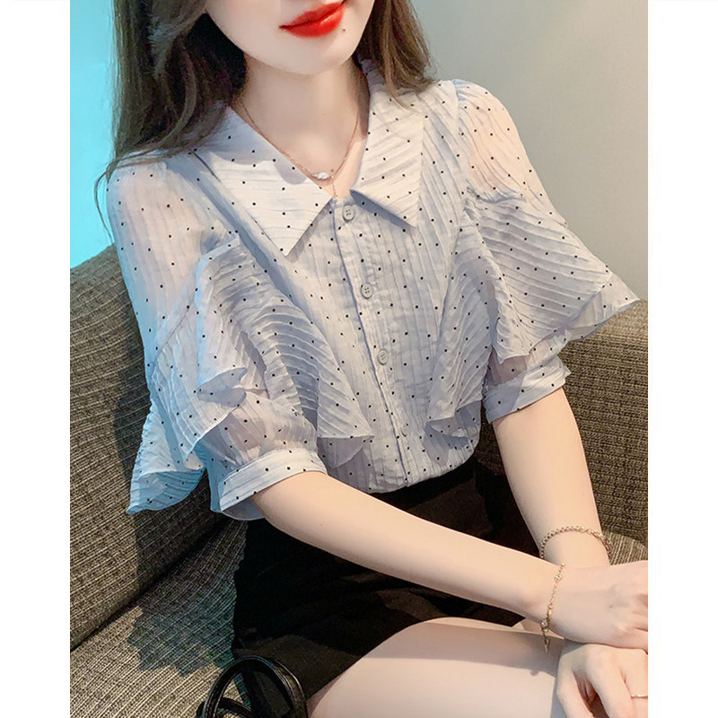 雪纺衬衫女夏款短袖薄款上衣新款2025气质宽松设计感娃娃领衬衣女