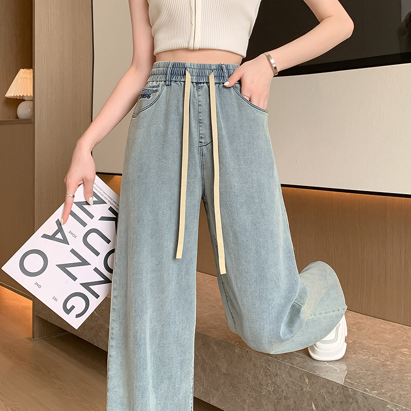 小个子天丝牛仔裤女夏薄款2025新款直筒宽松复古松紧腰冰丝阔腿裤