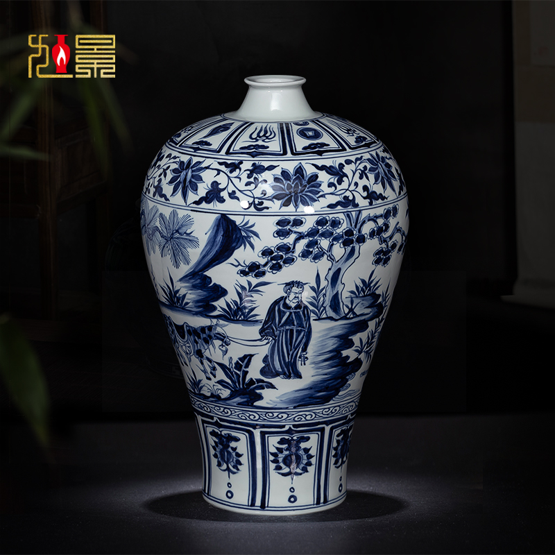 景德镇陶瓷花瓶仿古元青花瓷梅瓶手绘萧何月下追韩信客厅瓷器摆件