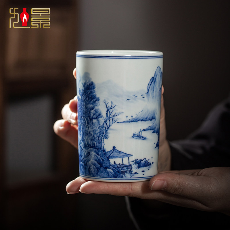 景德镇陶瓷笔筒钟家窑柴窑青花仿古办公室毛笔收纳筒摆件高档礼品