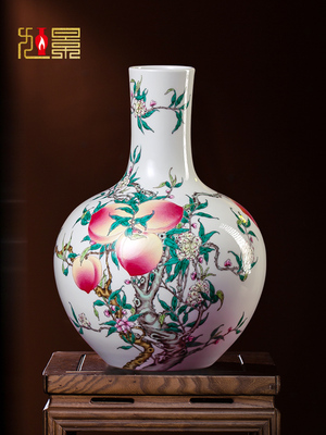 景德镇陶瓷大瓶手绘粉彩九桃天球瓶大型古董客厅摆件装饰瓷瓶