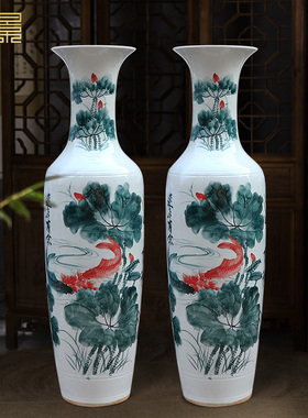 景德镇落地大花瓶中式青花连年有余陶瓷摆件客厅新房装饰插花瓷瓶