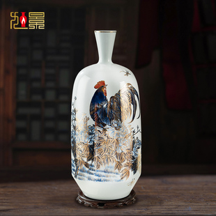 生肖鸡乔迁开业客厅办公室装饰摆件手绘牡丹青花瓷景德镇陶瓷花瓶