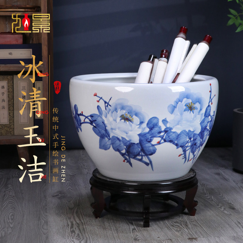 景德镇陶瓷手绘青花瓷摆件书房字画缸书画缸庭院寺庙睡莲荷花大号