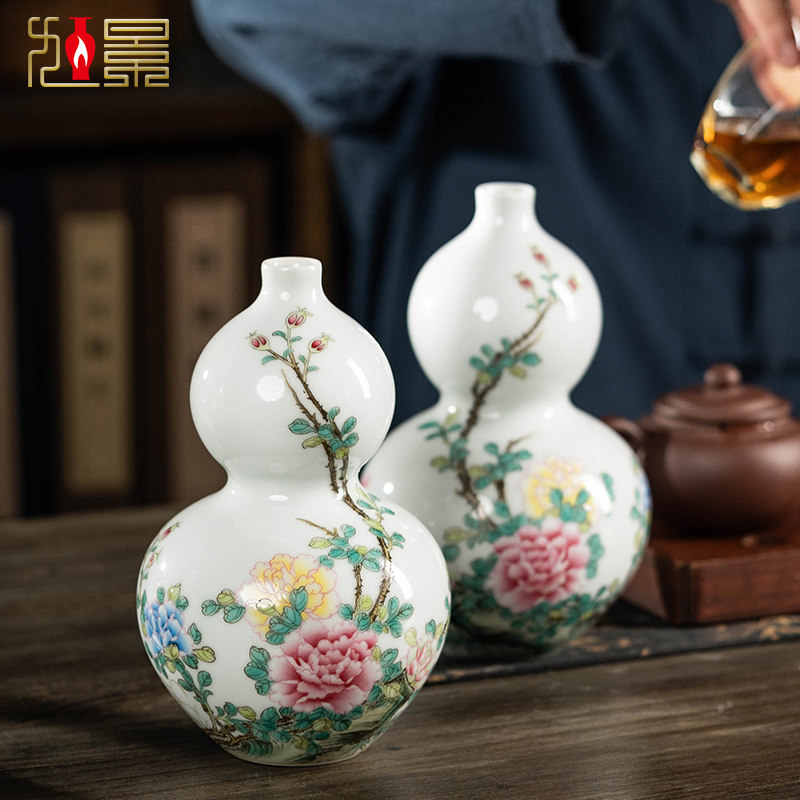 景德镇陶瓷花瓶手绘粉彩葫芦瓶插花家居客厅轻奢高档装饰瓷器摆件