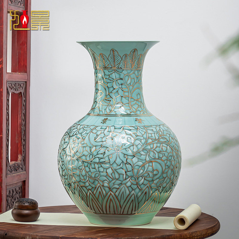 景德镇陶瓷花瓶手工影青釉描金瓷瓶大号客厅酒柜轻奢装饰居家摆件
