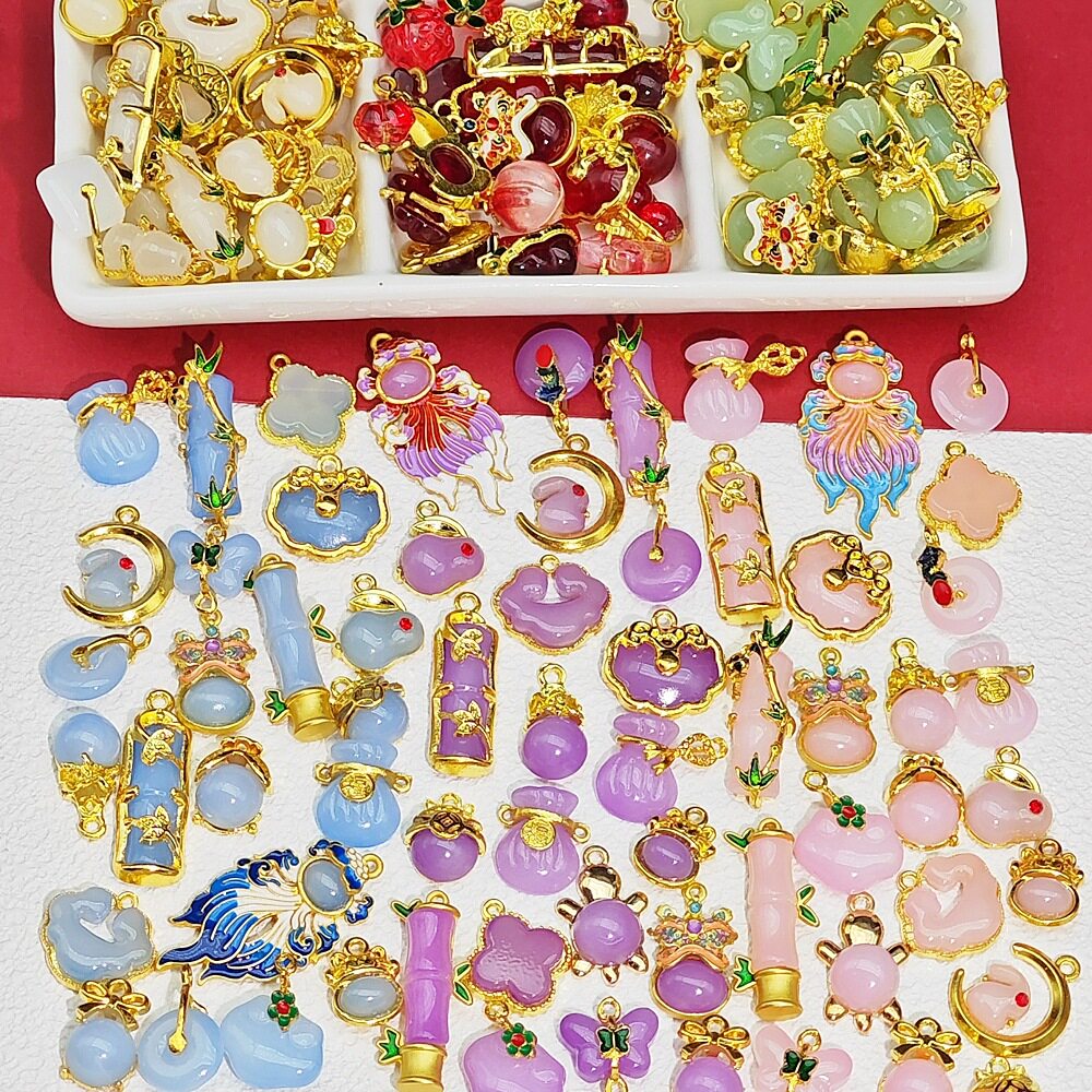 混装仿玉镶金吊坠彩色琉璃配件古风DIY手工串珠材料自制手链项链