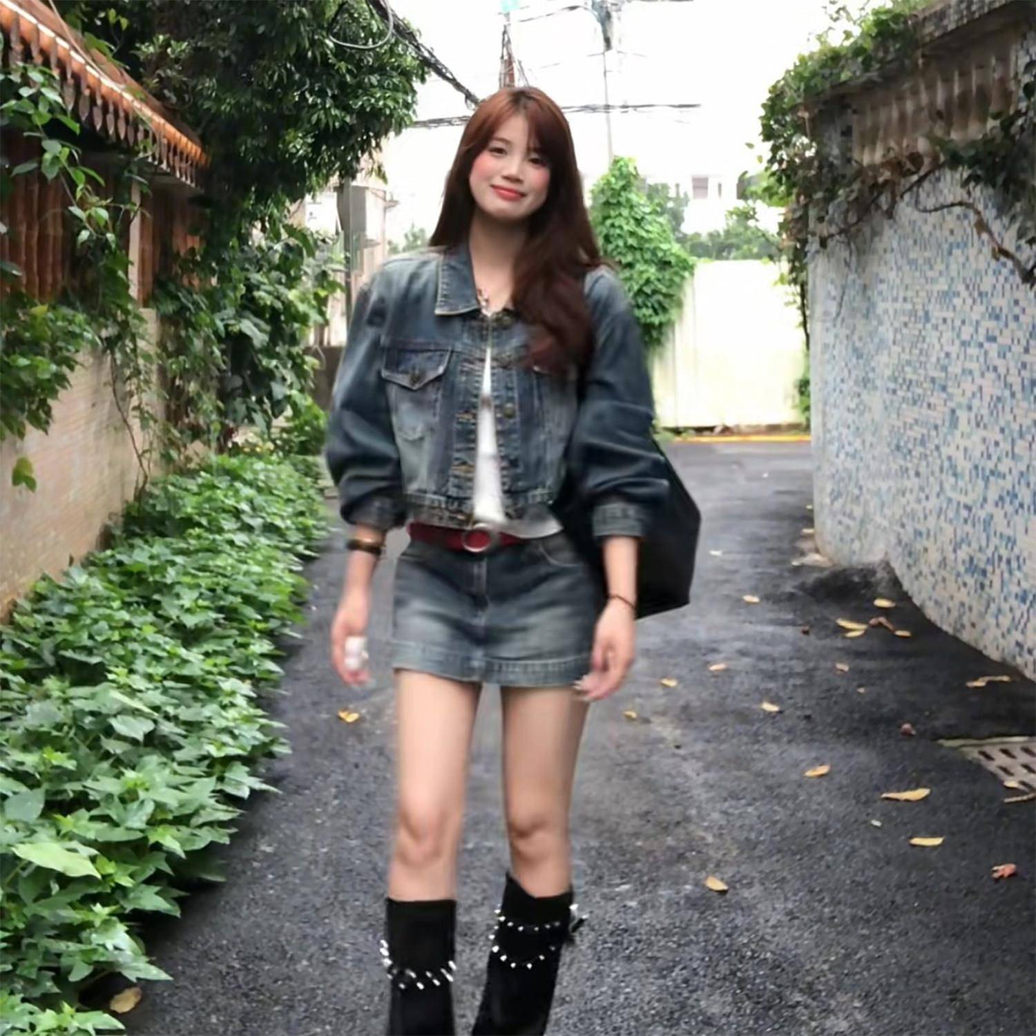 早秋韩系仔套个装女牛春秋FMQ季高级感小子裙辣妹外套半身穿搭一