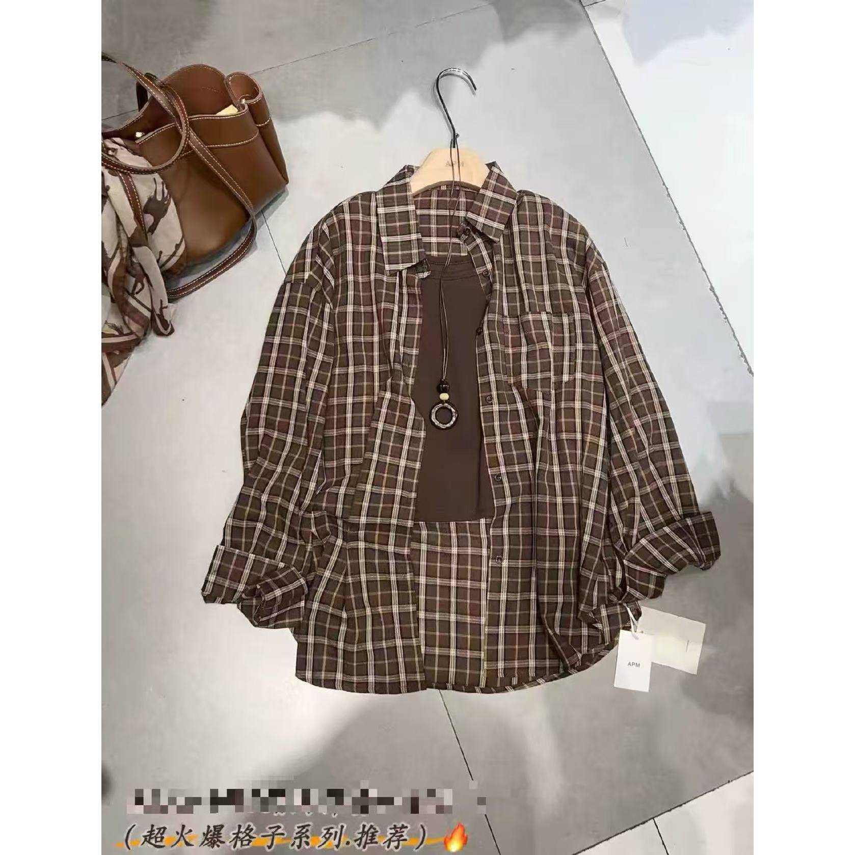 早秋新款韩系简约百搭休闲格衬EOC套衫心两件女宽松显子瘦长袖背