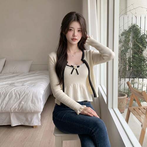 玫小件镇 纯欲针织两套HFA撞色花边吊带+开衫套女装早秋毛衣套装