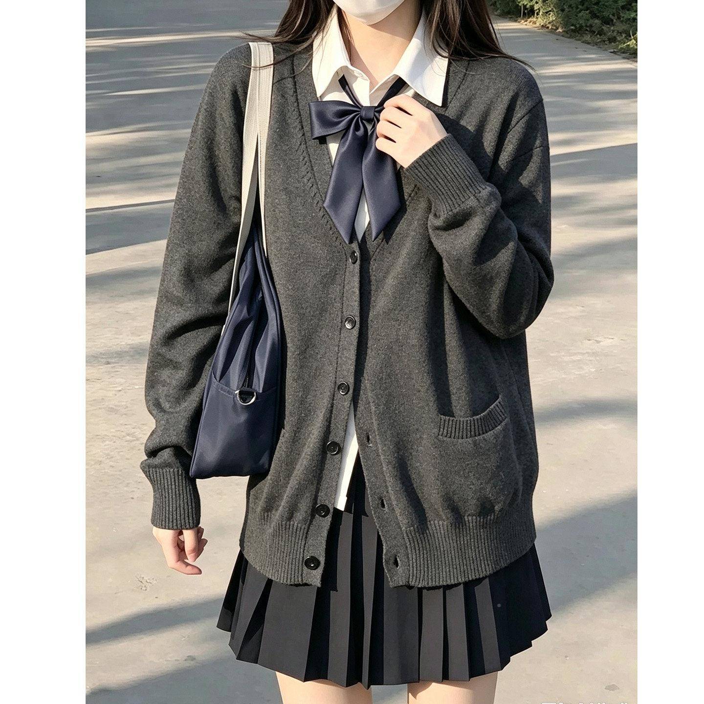 开衫K长早秋日系外套女制服SAMJ毛衣针织袖学院风套装宽松毛黑色